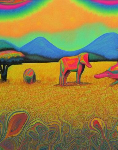 Painting of few animals in a field