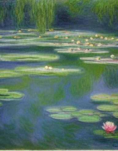 Painting of water lilies in a pond of water