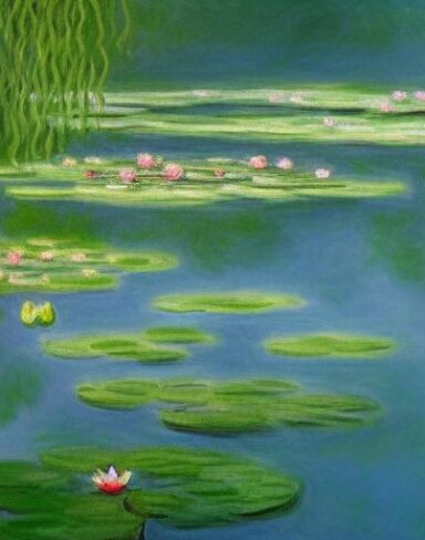 Painting of water lilies in a pond of water