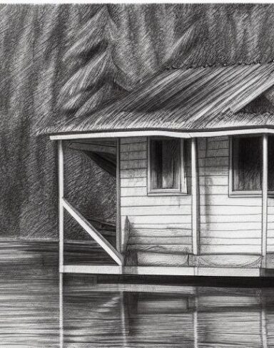 Pencil drawing of a cabin near a lake