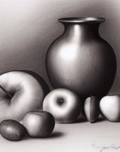 Pencil drawing of a vase and apples on a table