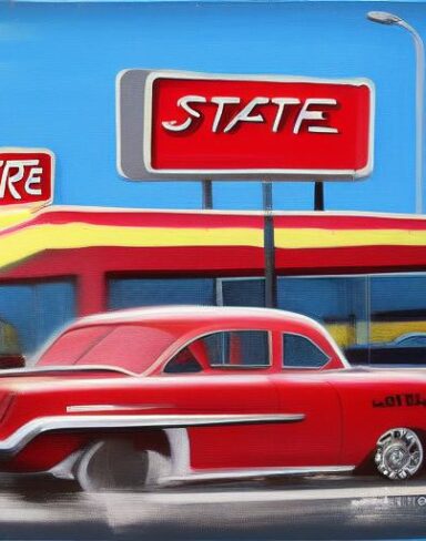 Retro painting of a car parked in front of a starlite diner