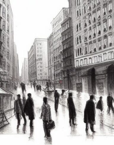 The art painting of people walking down a city street