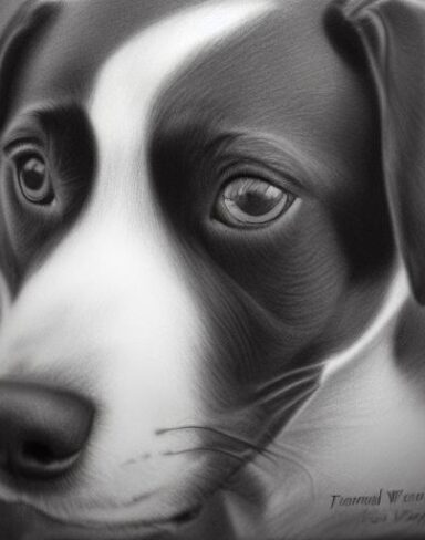 The black and white drawing of a dog