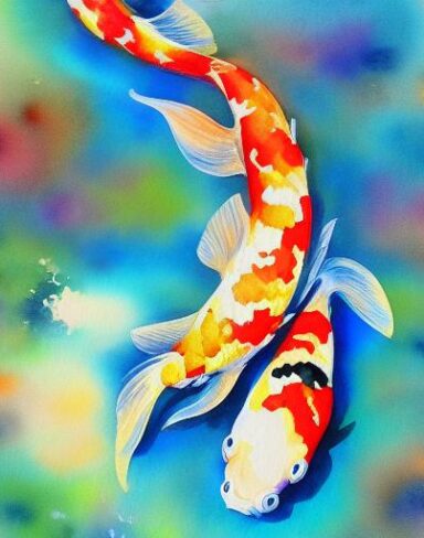 The colorful watercolor painting of koi fish