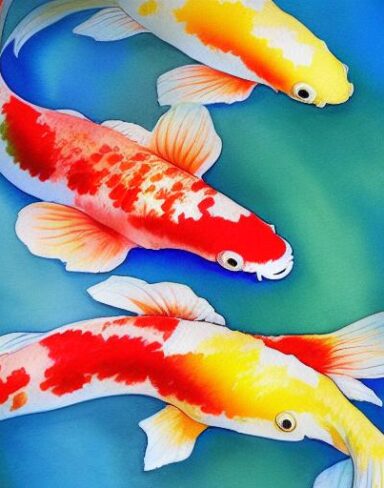 The colorful watercolor painting of koi fish