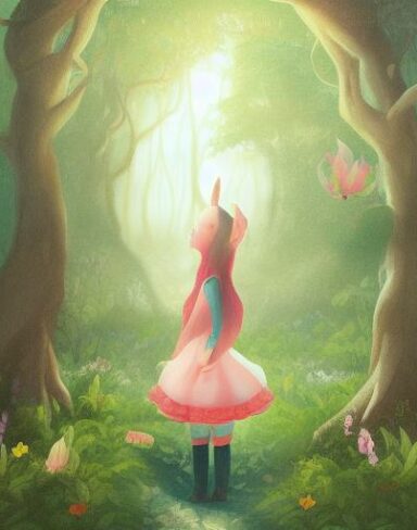 The painting of a girl standing in a forest