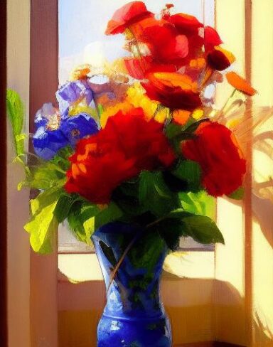The painting of several flowers in a vase on a window sill
