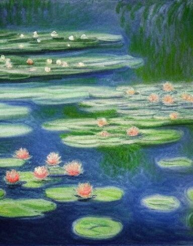 The painting of water lilies in a pond of water