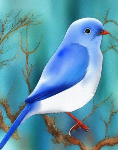 The watercolor painting of a blue bird sitting on a branch inspired by Paul Bird