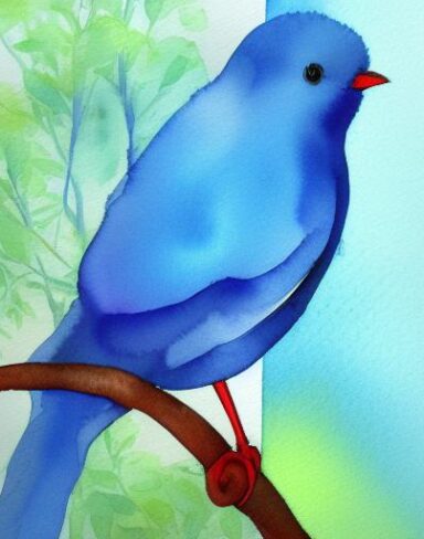 The watercolor painting of a blue bird sitting on branch