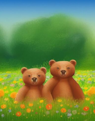 Two bears in a field of beautiful flowers