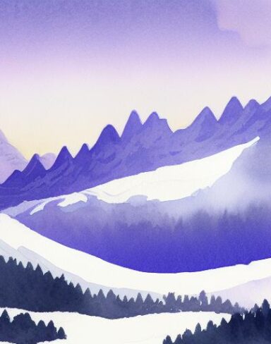 Watercolor painting of snowy mountain inspired by Charles E. Burchfield
