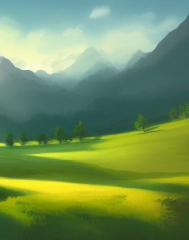 With dim sun light a painting of a green field with mountains in the background