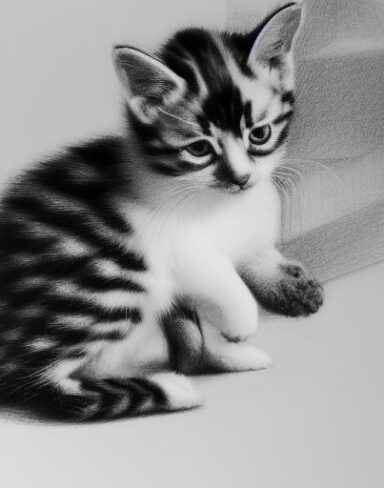 A black and white drawing of a kitten playing around