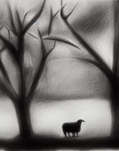 A black and white drawing of sheep and trees