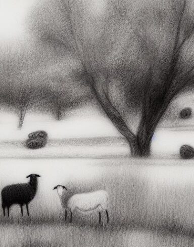 A black and white drawing of sheep and trees in rural space