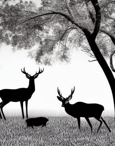 A black and white silhouette of deers in a forest