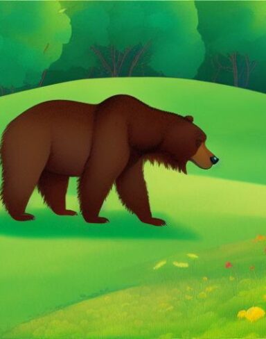 A brown bear in the lush green field