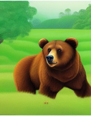 A brown bear in the lush green field