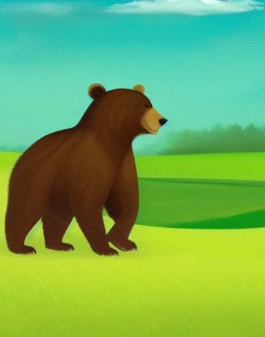 A brown bear on the lush green field