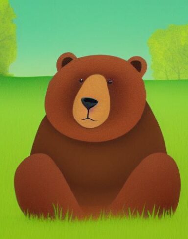 A brown bear sitting on the lush green field