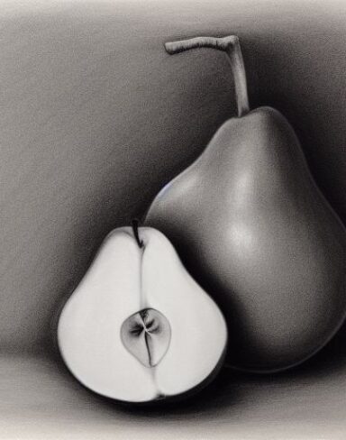 A charcoal drawing of a pear and an apple on a table