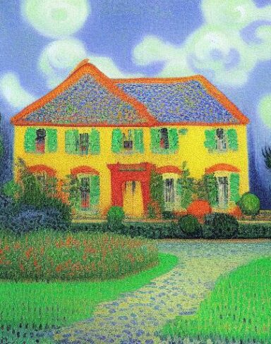 A color painting of the house in a garden