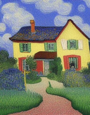 A color painting of the house in a garden