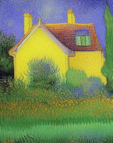 A color painting of the house in a garden
