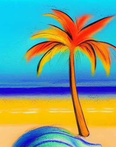 A color painting of the palm tree on a beach