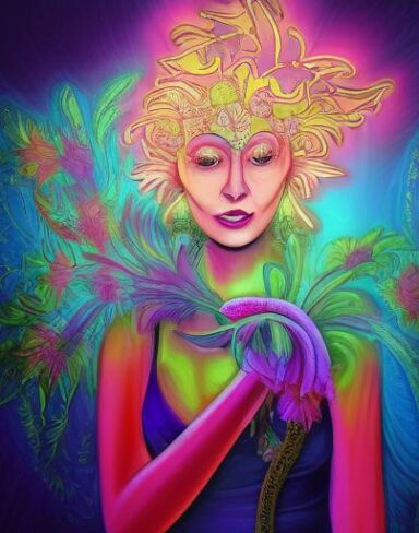 A digital 2D fantasy psychedelic artwork painting of a woman holding a laughing flower