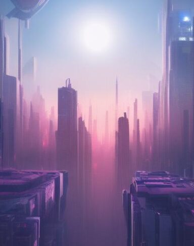 A digital city filled with few tall buildings