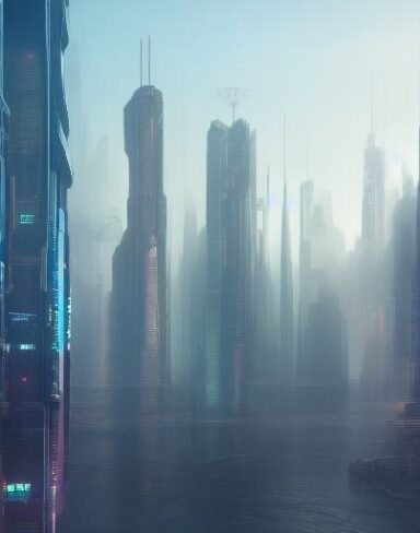 A digital city filled with tall buildings