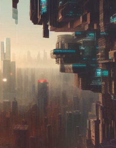 A digital city filled with tall buildings and citizens