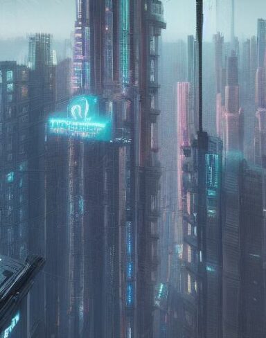 A digital city filled with tall buildings and citizens