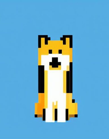 A dog sitting in front of a blue background