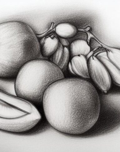 A drawing of a group of fruits on a table