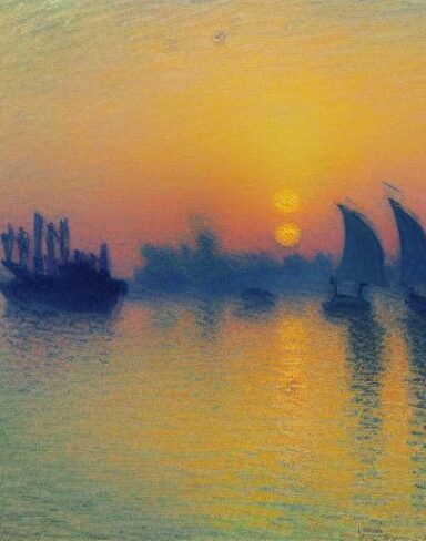 A joyful painting of a giant boat in a body of water at sunset