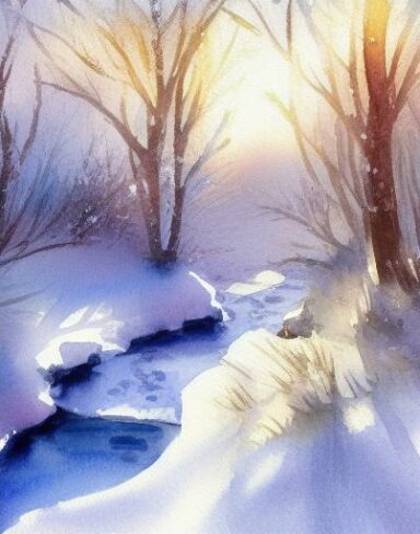 A light watercolor painting of snow-covered trees and a stream with sunshine