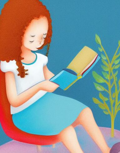 A little girl is reading a book