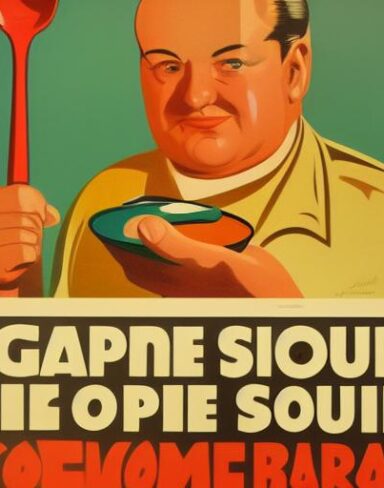 A man holding a spoon in front of a bowl of soup