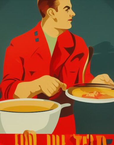 A man holding a spoon in front of a bowl of soup