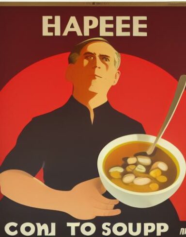 A man holding a spoon in front of a bowl of soup