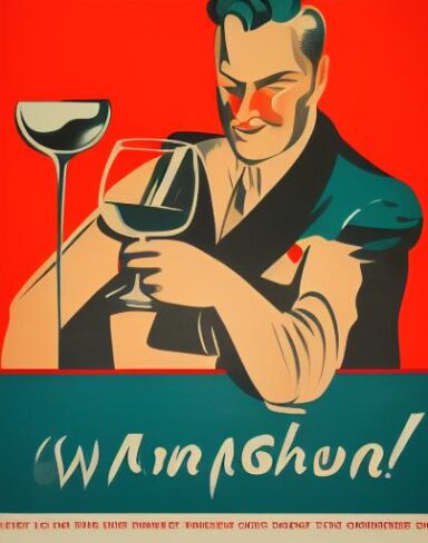 A man holding a wine glass in front of a bowl of soup