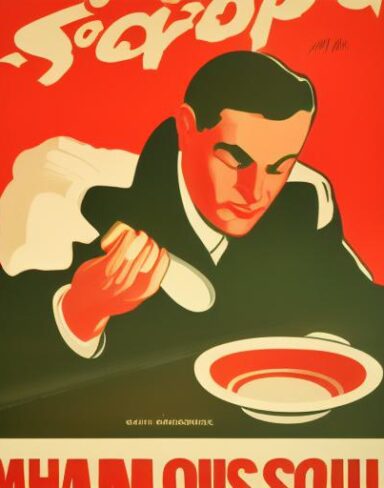 A man holding the spoon in front of a bowl of soup