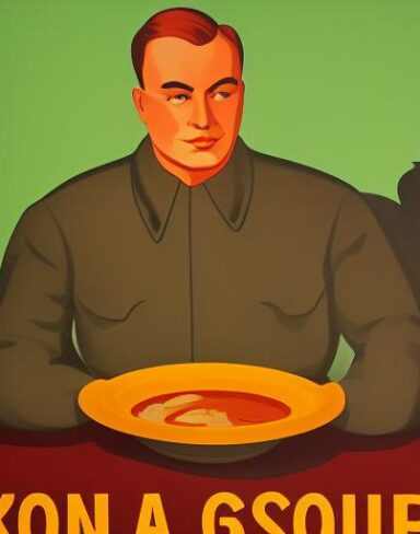 A man in front of a bowl of soup