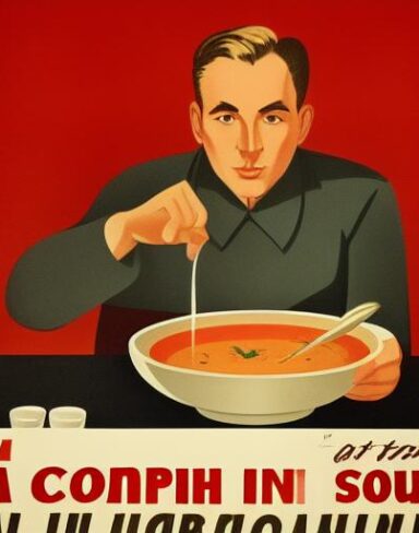 A man in front of a bowl of soup