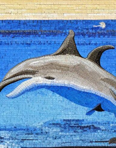 A mosaic of a dolphin in the costal inspired by Charles Ginner