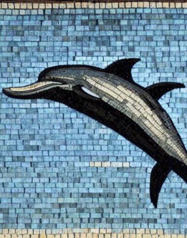 A mosaic of a dolphin swimming in the marine ocean inspired by Charles Ginner
